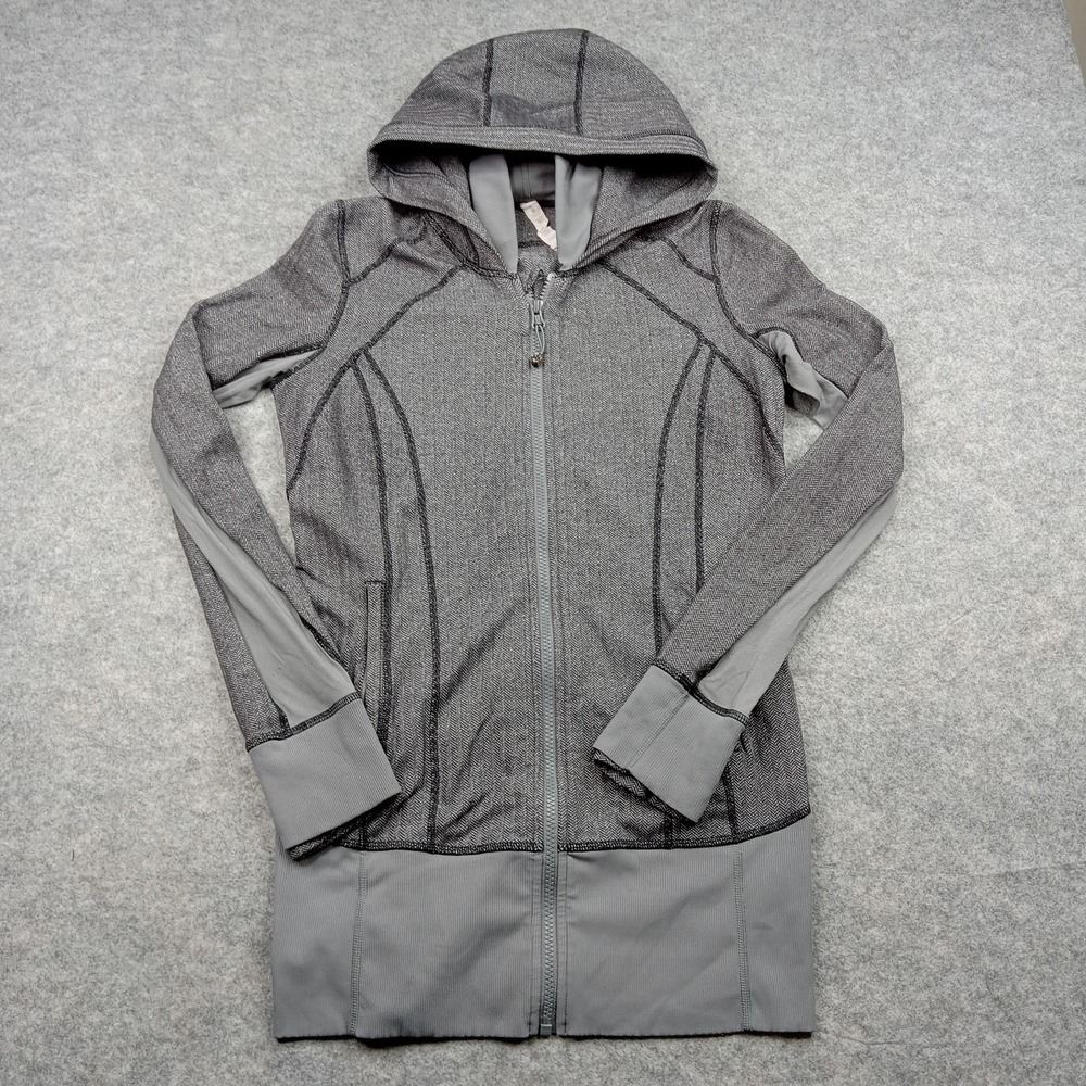 Lululemon Jacket Womens 8‎ Gray Herringbone Stride Hooded Full Zip Thumbholes
